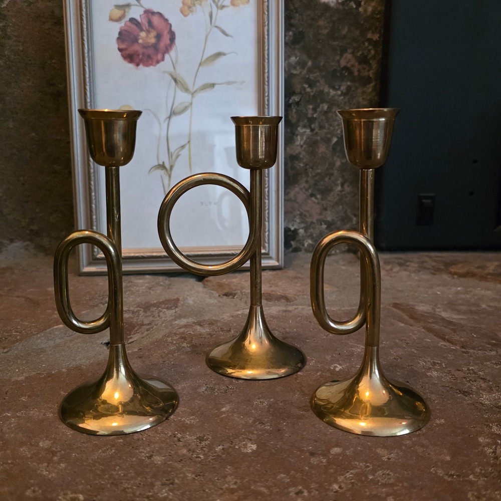 India Exotics Brass Trumpet French Horn Candlestick Holders Set 3 Vintage music